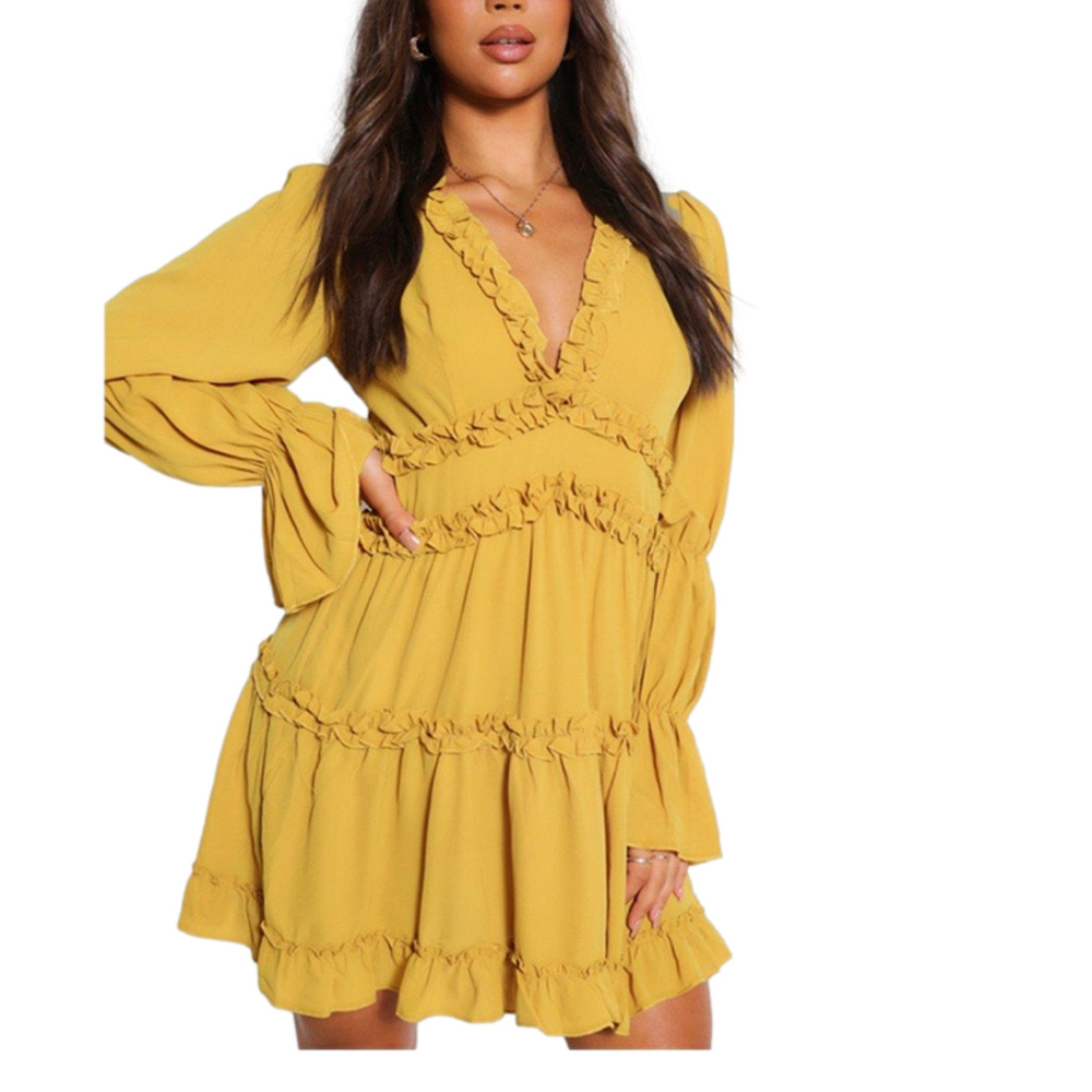Boohoo Mustard Ruffle Long Sleeve Dress – Size 6